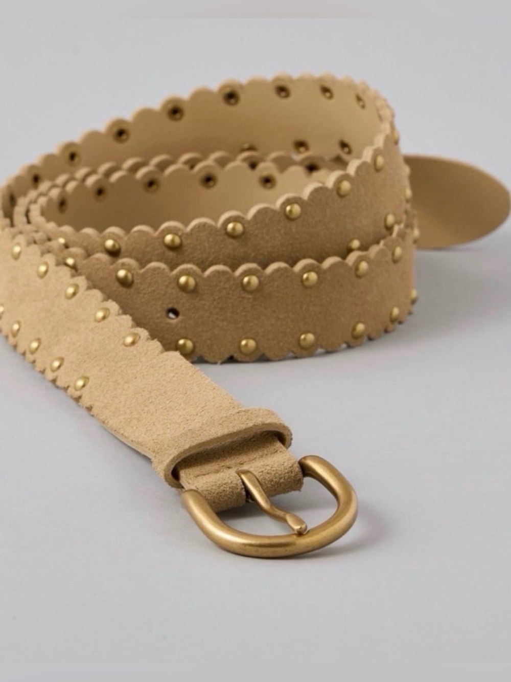 American Eagle Outfitters Scalloped Suede Belt with Gold Studs - Tan/Beige XS